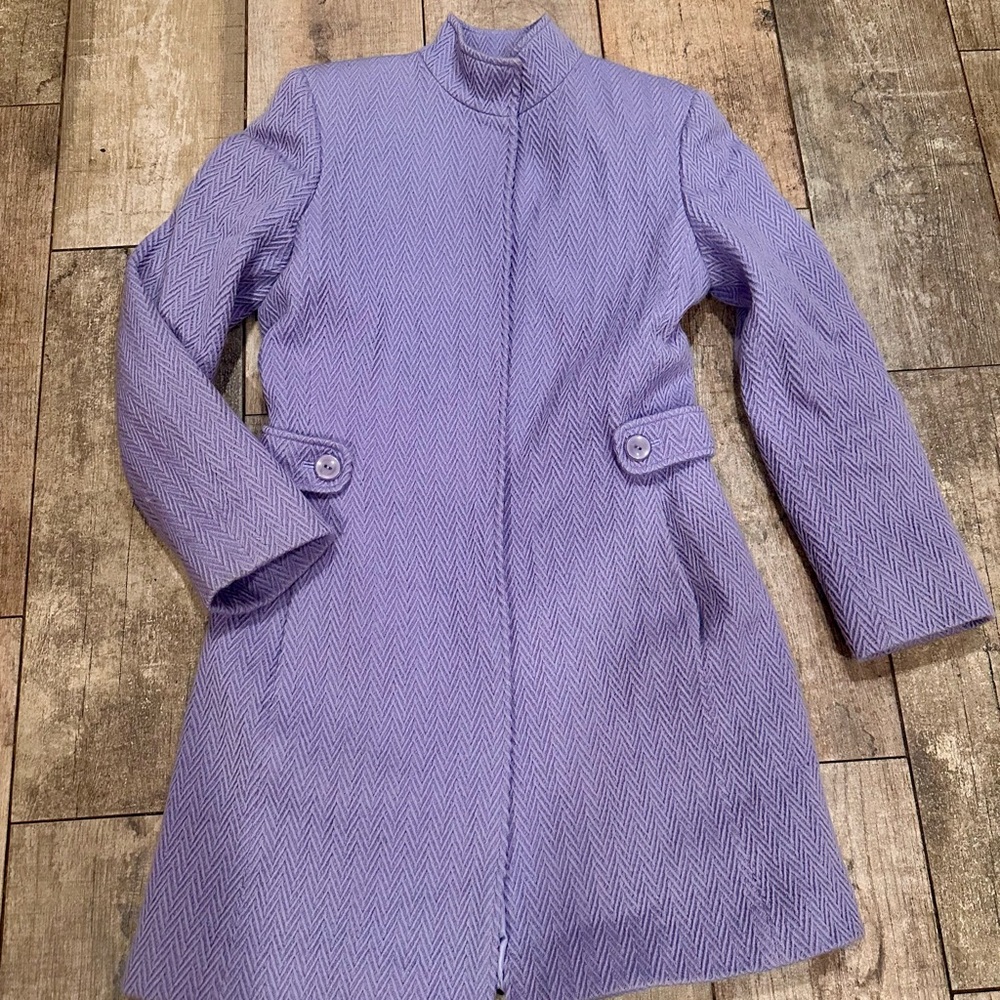 Chic Periwinkle Purple Herringbone Pea Coat Lined Button Down Fitted Flare - Picture 6 of 7